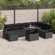 vidaXL 9 Delar Trädgårdsoffset med Kuddar Svart Poly Rattan, vidaXL 2-...