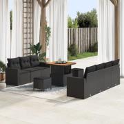 vidaXL 10 Delars Trädgårdsofa Set med Kuddar Svart Poly Rattan Akacia,...