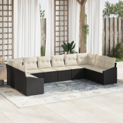 vidaXL 10-delad trädgårdsofa set med kuddar svart poly-rotning