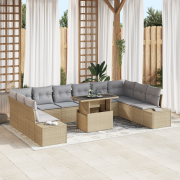vidaXL 11-delars trädgårdsmöbelset med kuddar Beige Poly Rattan