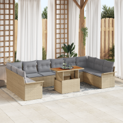 vidaXL 11-delars Trädgårdsmatsalsset med kuddar Beige Poly Rattan Akac...