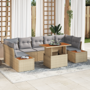 vidaXL 8 Delars Trädgårdsmatmöbelset med Kuddar Beige Poly Rattan Akac...