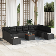 vidaXL 11-dels trädgårdsoffset med kuddar, svart poly rattan och akaci...