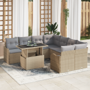 vidaXL 9 Delars Trädgårdssoffset med kuddar Beige Poly Rottning