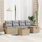 vidaXL 6-delars Trädgårdsoffasats med kuddar Beige Poly Rattan