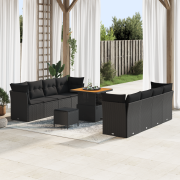 vidaXL 11 Delar Trädgårdsoffa Set med Kuddar Svart Poly Rattan Acacia