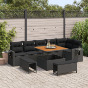vidaXL 9-delat Trädgårdssofa Set med Kuddar Svart Poly Rattan Akacia