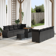 vidaXL 11 Delars Trädgårdssoffgrupp med Kuddar Svart Poly Rattan Akaci...