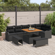vidaXL 9-delars trädgårdsoffaset med kuddar svarta poly rattan akacia