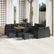 vidaXL 13-delad trädgårdsoffaset med kuddar svart poly rattan acacia