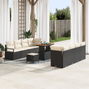 vidaXL 11 Dela Trädgårdsoffas Set med Kuddar Svart Poly Rattan Akacia