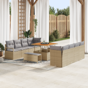 vidaXL 11-delad trädgårdsoffaset med kuddar beige polyrotting akacia, ...
