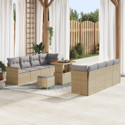 vidaXL 11-delars trädgårdsoffuppsättning med kuddar i beige polyrottin...