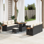vidaXL 9 Delars Trädgårdsoff Set med Kuddar Svart Poly Rattan Akacia