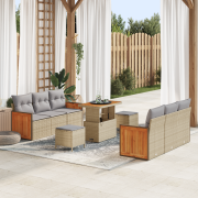 vidaXL 9-delad trädgårdsoffa med beige poly rattan och akacia-kuddar