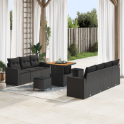 vidaXL 10 Delars Trädgårdsofa Set med Kuddar Svart Poly Rattan Akacia