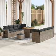 vidaXL 11 delars trädgårdssoffset med kuddar i grå poly rattan och aka...