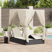 vidaXL Dubbel Solstol med Tak och Gardiner Svart Poly Rattan