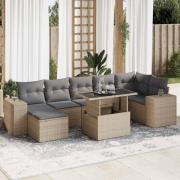 vidaXL Matgrupp för trädgården med dynor 8 delar beige konstrotting