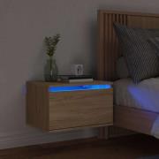 vidaXL Väggmonterat sängbord med LED-lampor sonoma-ek