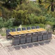 vidaXL Matgrupp för trädgården med dynor 15 delar grå konstrotting