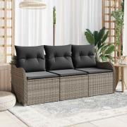 vidaXL Trädgårdsoffset med kudde 3 pcs Grå Poly rattan