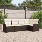 vidaXL Trädgårdsoffset med kudde 5 pcs Brun Poly rattan