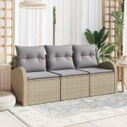 vidaXL Trädgårdsoffset med kudde 3 pcs Beige Poly rattan