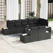 vidaXL Trädgårdsoffset med kudde 9 pcs Svart Poly rattan