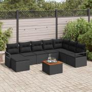 vidaXL Trädgårdsoffset med kudde 9 pcs Svart Poly rattan