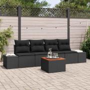 vidaXL Trädgårdsoffset med kudde 5 pcs Svart Poly rattan