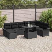vidaXL Trädgårdsoffset med kudde 9 pcs Svart Poly rattan