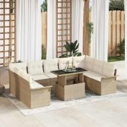 vidaXL Trädgårdsoffset med kudde 10 pcs Beige Poly rattan