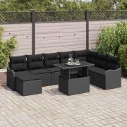 vidaXL Trädgårdsoffset med kudde 9 pcs Svart Poly rattan
