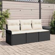 vidaXL Trädgårdsoffset med kudde med lagring 3 pcs Svart Poly rattan