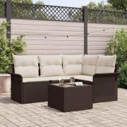 vidaXL Trädgårdsoffset med kudde med lagring 5 pcs Brun Poly rattan