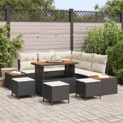 vidaXL Trädgårdsoffset med kudde 9 pcs Svart Poly rattan