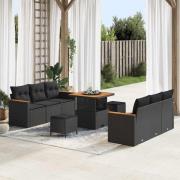 vidaXL Trädgårdsoffset med kudde 9 pcs Svart Poly rattan