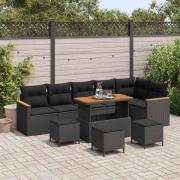 vidaXL Trädgårdsoffset med kudde 10 pcs Svart Poly rattan