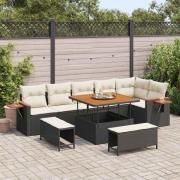 vidaXL Trädgårdsoffset med kudde med lagring 9 pcs Svart Poly rattan