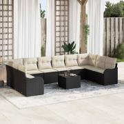 vidaXL Trädgårdsoffset med kudde 11 pcs Svart Poly rattan