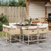 vidaXL Matgrupp för trädgården med dynor 9 delar beige konstrotting