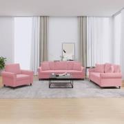 vidaXL Soffgrupp med dynor 3 delar rosa sammet