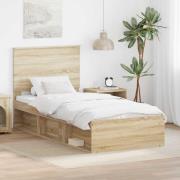 vidaXL Sängram med huvudgavel Sonoma-ek 90 x 200 cm Massiv furu