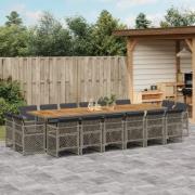 vidaXL Matgrupp för trädgården med dynor 17 delar grå konstrotting