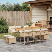 vidaXL Matgrupp för trädgården med dynor 11 delar beige konstrotting