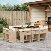 vidaXL Matgrupp för trädgården med dynor 11 delar beige konstrotting