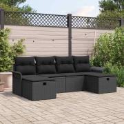 vidaXL Trädgårdsoffset med kudde med lagring 6 pcs Svart Poly rattan