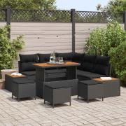 vidaXL Trädgårdsoffset med kudde med lagring 9 pcs Svart Poly rattan