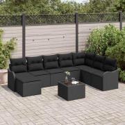 vidaXL Trädgårdsoffset med kudde 9 pcs Svart Poly rattan